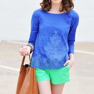 J. Crew Periwinkle Linen Floral Embroidered Top
